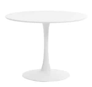 Beursstand Een ronde, moderne witte tafel met een glad, dun tafelblad en een enkele, slanke voet op een ronde voet.