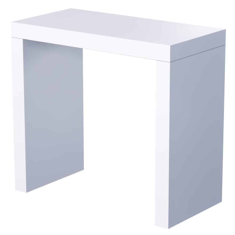 Beursstand Een minimalistische, moderne witte tafel met een glanzende afwerking, met een rechthoekig blad en twee brede, platte poten aan elk uiteinde.