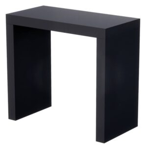 Beursstand Een minimalistische zwarte rechthoekige bijzettafel met een massief blad en twee brede poten, waardoor er een open ruimte onder ontstaat. Het ontwerp is strak en modern.