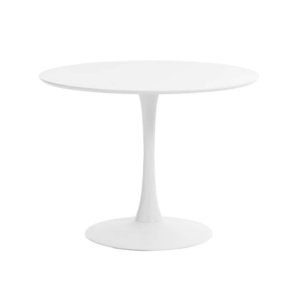 Beursstand Een moderne ronde witte tafel met een glad blad en een enkel, slank voetstuk, tegen een effen witte achtergrond.