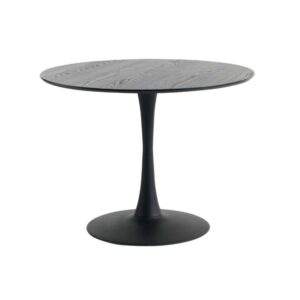 Beursstand Een ronde, zwarte tafel met een glad bovenblad en een enkel voetstuk dat onderaan uitwaaiert. Het ontwerp is modern en minimalistisch.