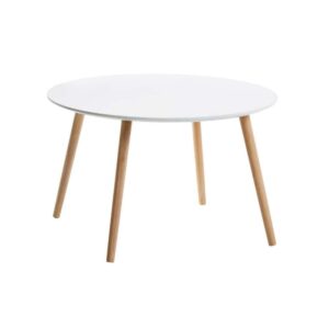 Beursstand Een ronde, witte tafel met vier schuine houten poten tegen een effen witte achtergrond.