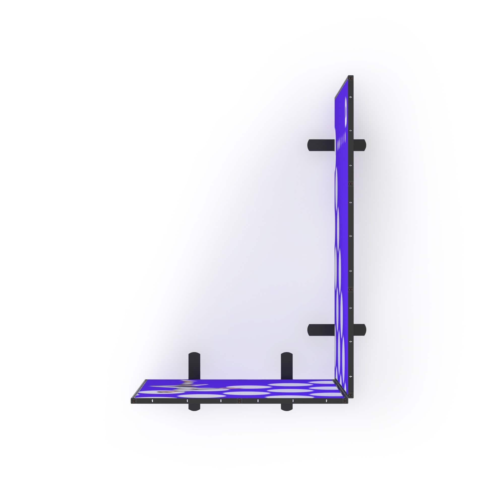 Beursstand Een blauw L-vormig object met zwarte pinnen op een witte achtergrond, gezien vanaf de zijkant, met één verticaal en één horizontaal paneel die in een rechte hoek verbonden zijn.