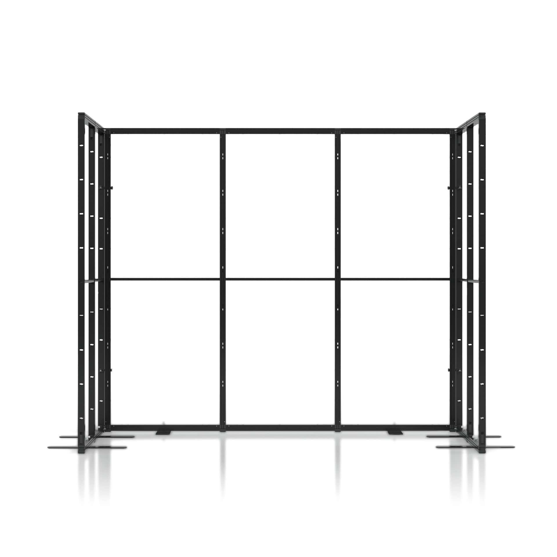 Beursstand Een zwart metalen frame met verticale en horizontale steunen, die een rechthoekig raster vormen met drie kolommen en twee rijen, op een witte achtergrond.