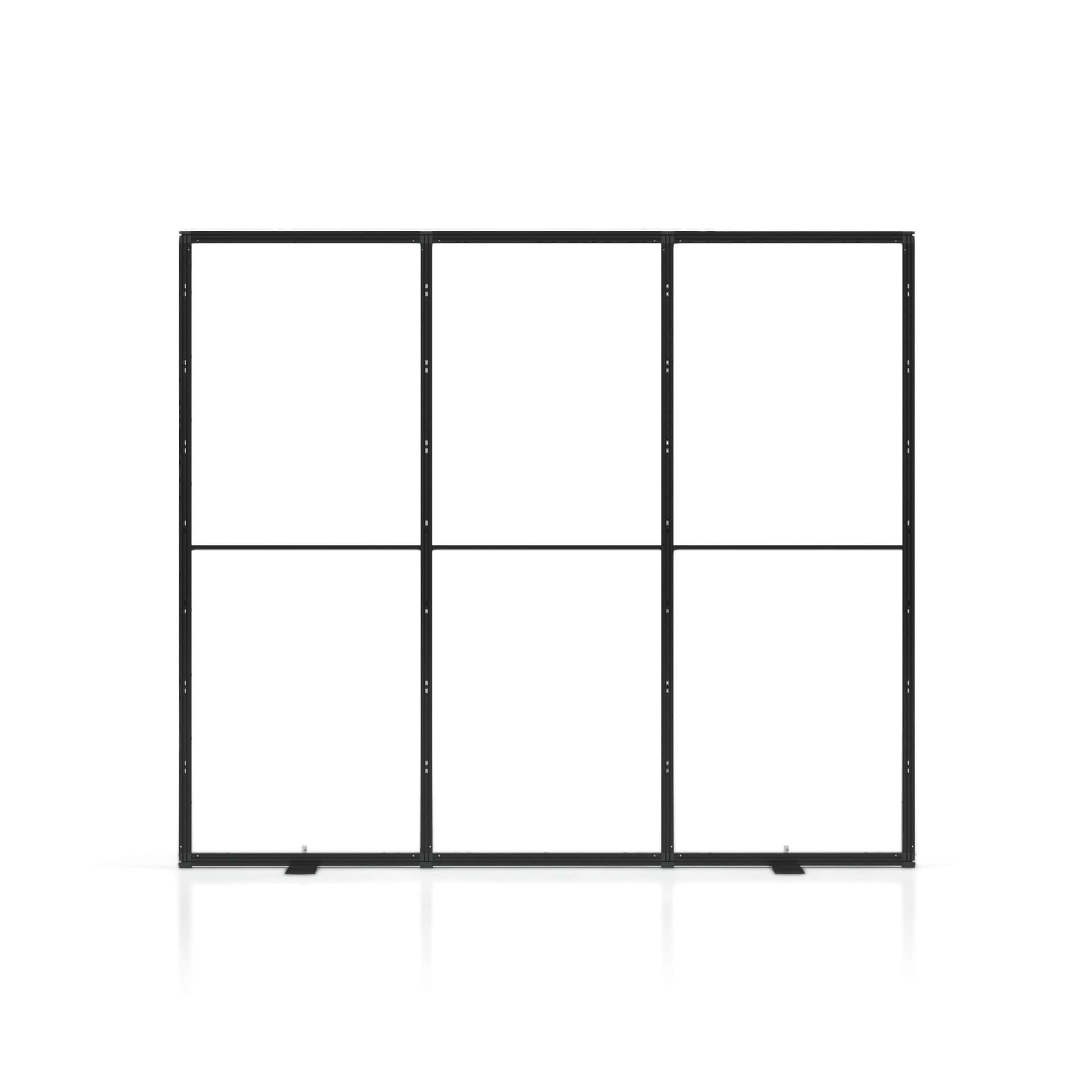 Beursstand Een zwart metalen frame met zes rechthoekige secties in twee rijen en drie kolommen op een witte achtergrond.