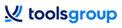 Beursstand Logo voor Toolsgroup, met een gestileerd blauw en marineblauw abstract pictogram links van de bedrijfsnaam toolsgroup geschreven in blauwe gradiëntletters.