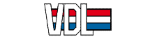 Beursstand De afbeelding toont de letters VDL in een vet lettertype, met een achtergrond met horizontale strepen in rood, wit en blauw, die lijken op de Nederlandse vlag.