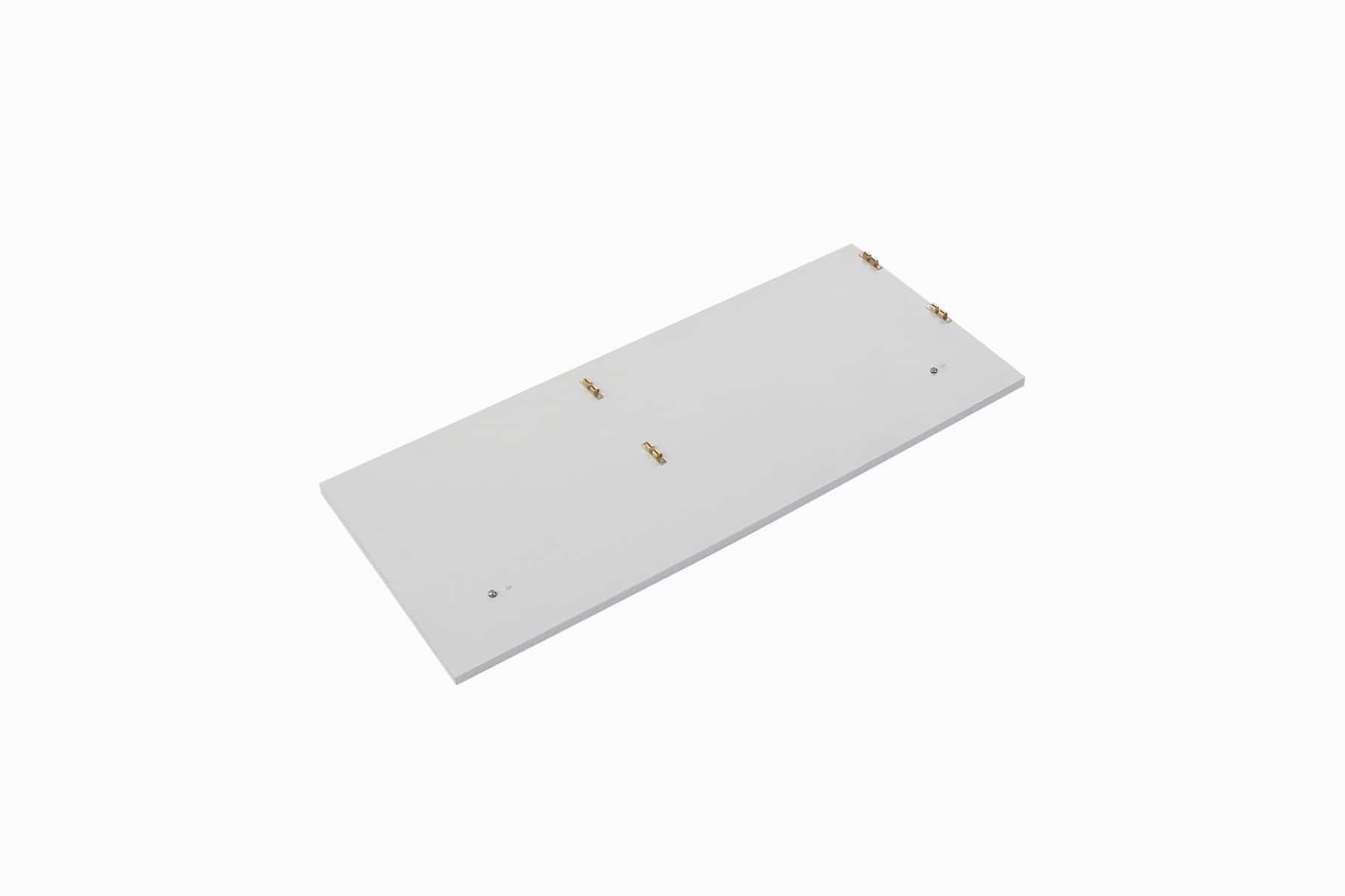 Beursstand De Portable LED balie - Expo 100x100cm is een rechthoekig wit bord met meerdere kleine metalen beugels en schroeven, dat schuin wordt weergegeven tegen een effen witte achtergrond.