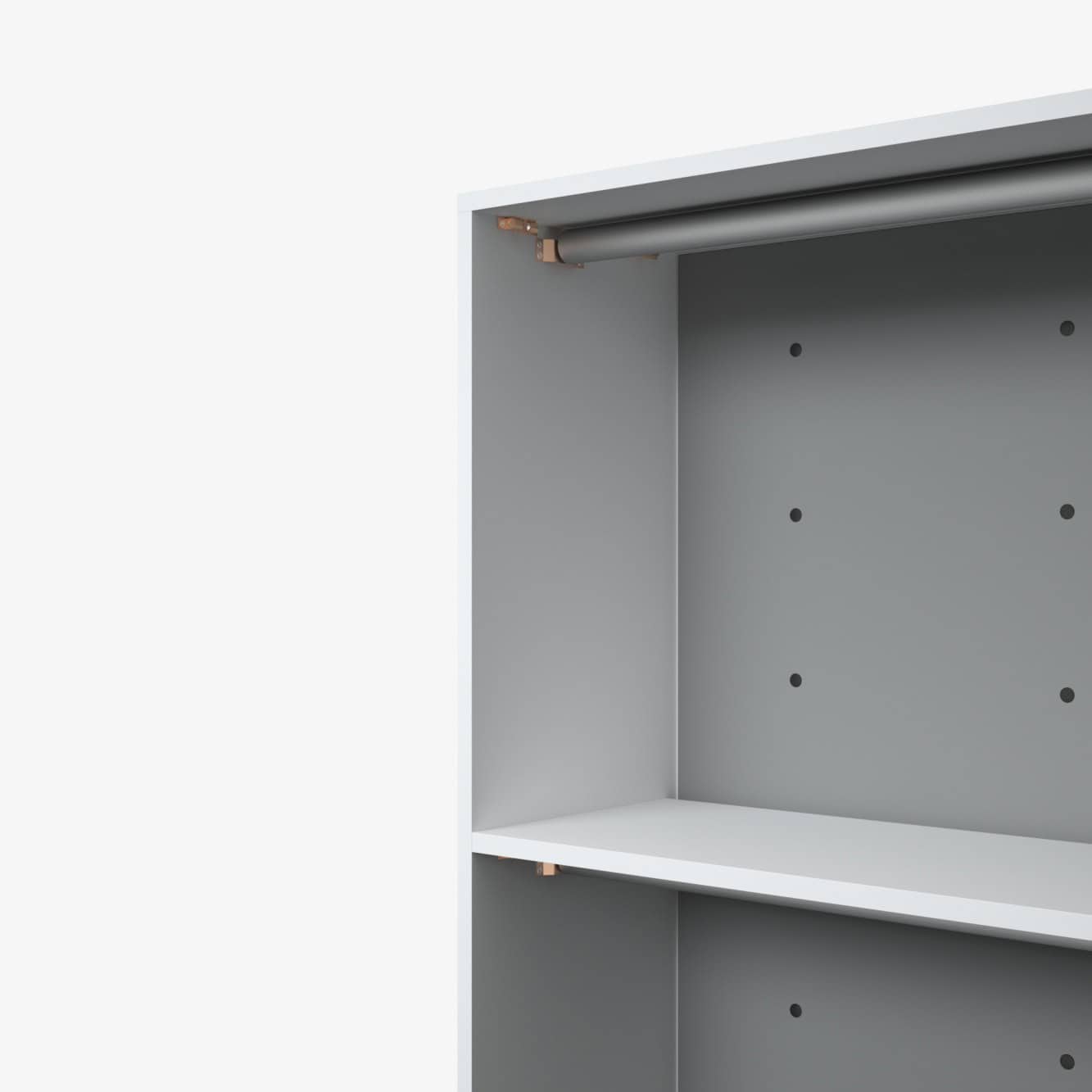 Beursstand Een close-up van de draagbare LED-balie - Expo 100x100cm, met een strakke witte en grijze afwerking met metalen accenten en aanpasbare opbergmogelijkheden.