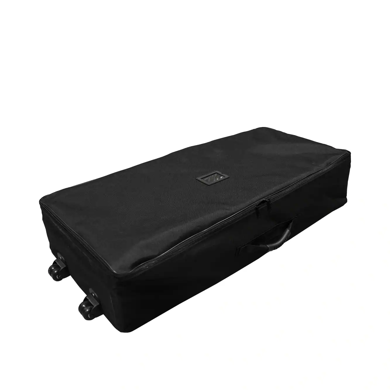 Beursstand De Portable LED balie - Expo 100x100cm is een grote, zwarte rechthoekige tas met wieltjes, ritssluitingen en handvatten om spullen gemakkelijk te vervoeren, weergegeven tegen een effen witte achtergrond.