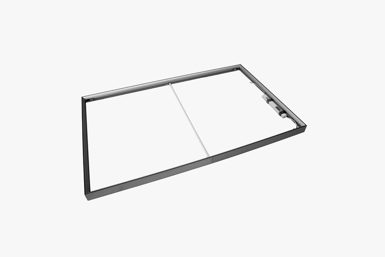 Beursstand De Portable LED balie - Expo 150x100cm is een rechthoekige balie met verlichte panelen, die vanuit een hoek wordt getoond tegen een effen witte achtergrond.