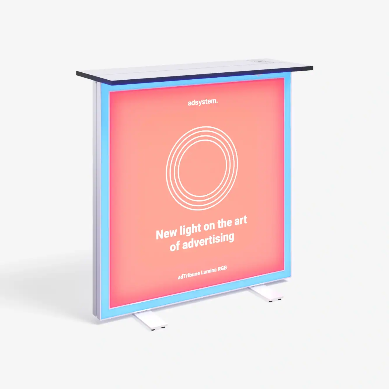 Beursstand Een rechthoekige, verlichte reclamedisplay met een roze voorkant, witte tekst en cirkelvormige afbeelding en een blauwe oplichtende rand. De tekst luidt: Nieuw licht op de kunst van reclame. mTribune Lumina RGB.