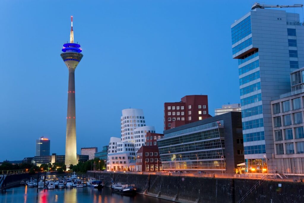 Düsseldorf skyline with the Rhine Tower and Medienhafen, home of Messe Düsseldorf